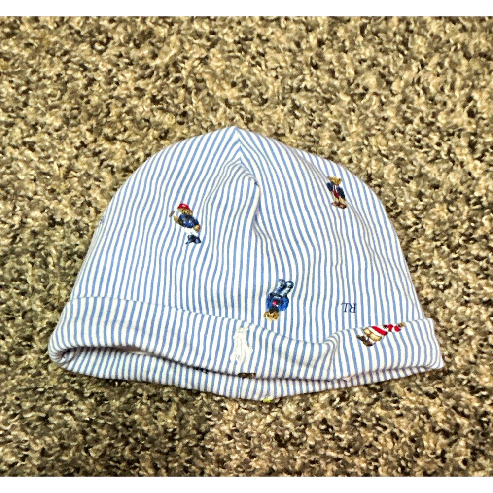 Ralph Lauren Polo Bear Striped Knit Cotton Beanie Hat Embroidered 3-9M